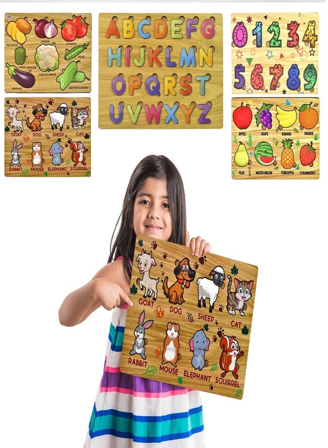 Vastate Wooden Puzzle Board for Kids - Educational Vegetable, Animal, Number & Shape Puzzles - Fun & Interactive Learning Toy for Toddlers 1-5 Years - Develops Skills & Abilities (Pack of 5) - Image 1